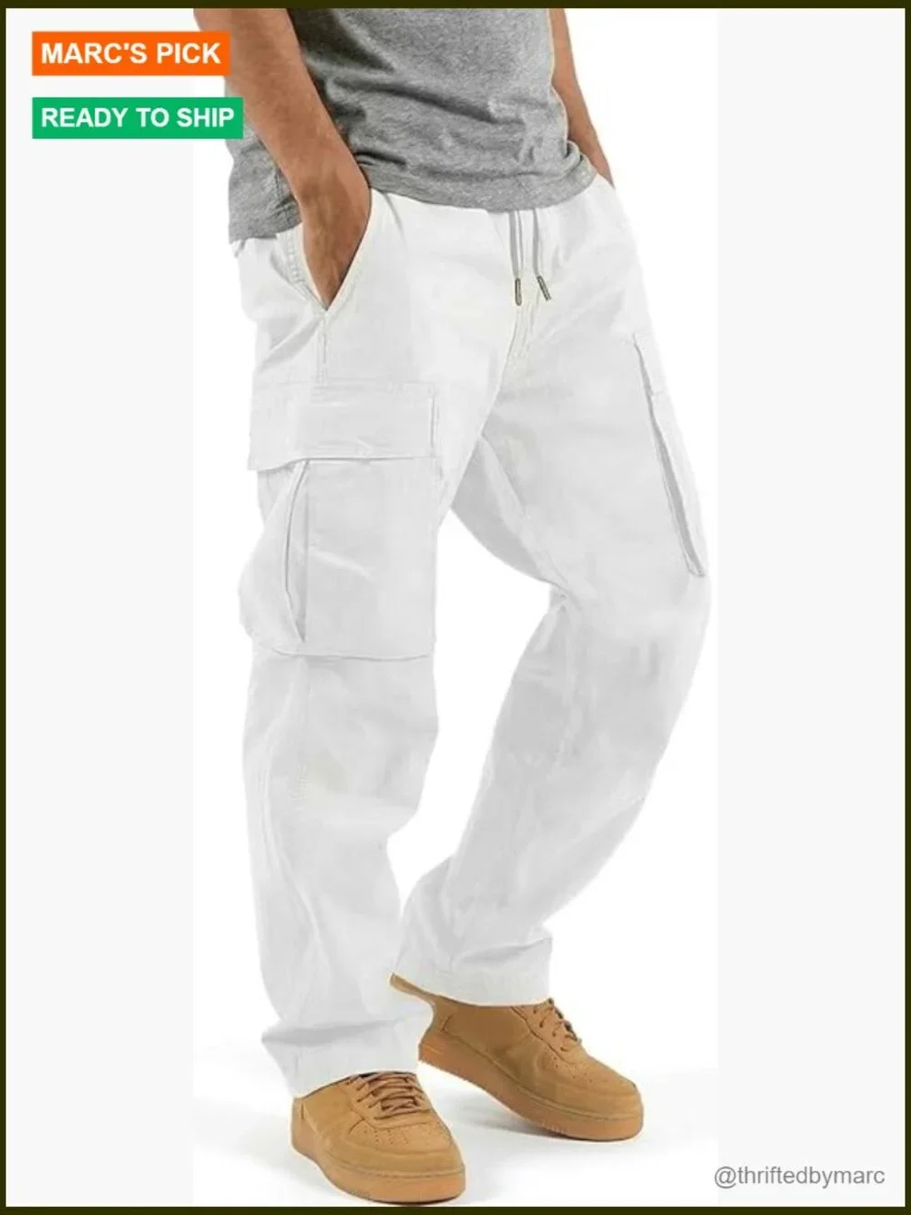 Drawstring Cargo Pants Joggers 6 Pockets Mid Rise Cotton Spandex